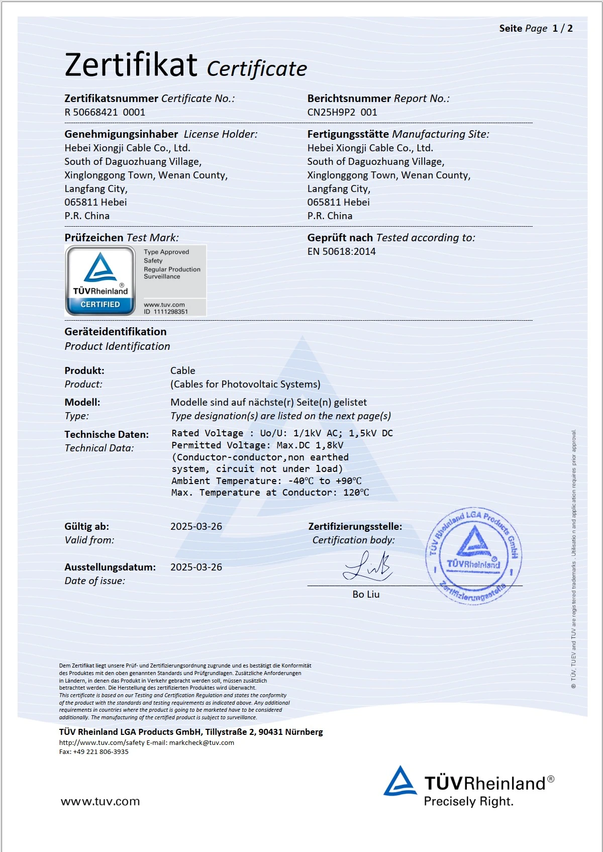 H1Z2Z2-K PV Cable - TÜV Rheinland - Page 1 of 2