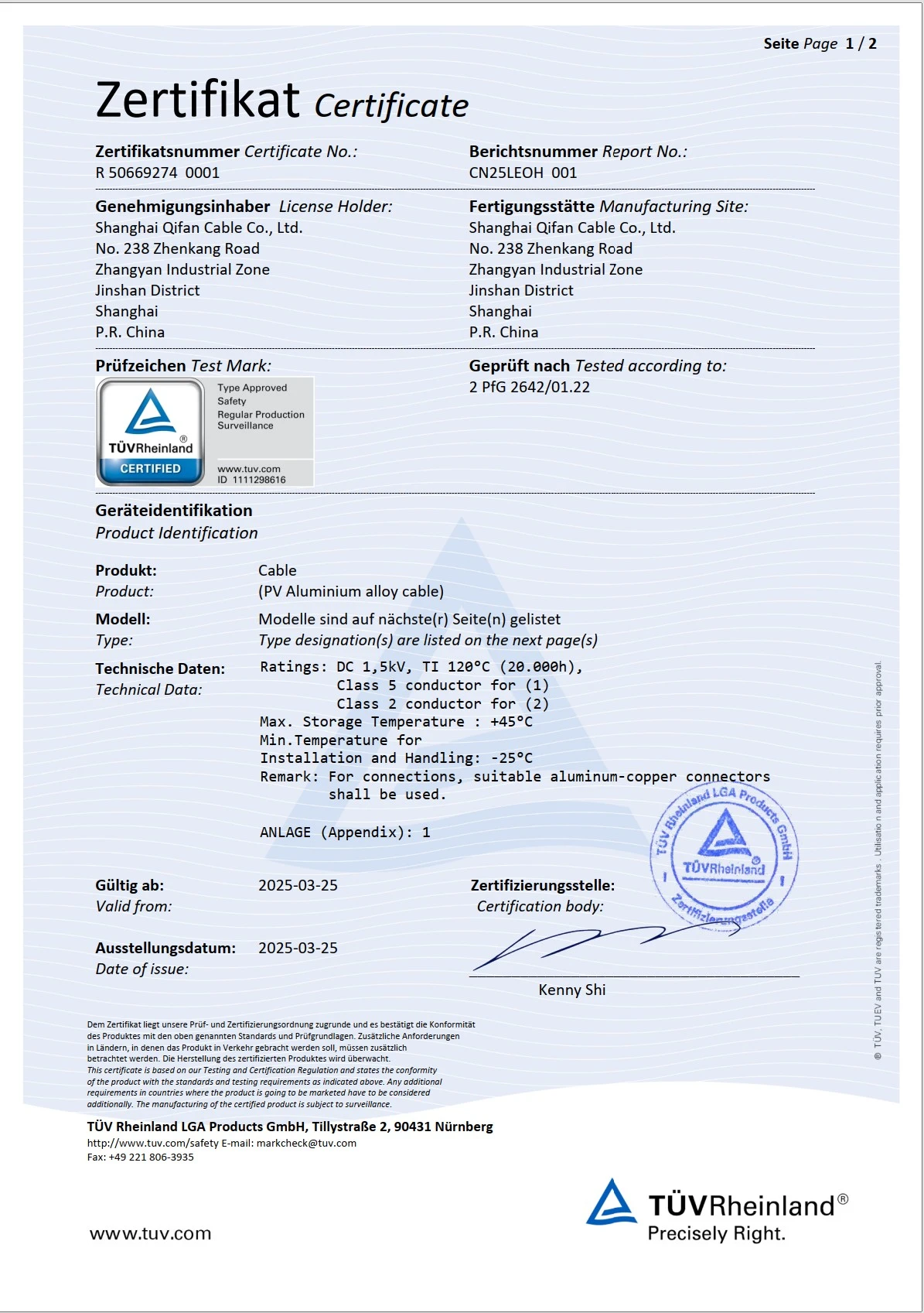 PV Aluminum-Alloy Cable - TÜV Rheinland - Page 1 of 2