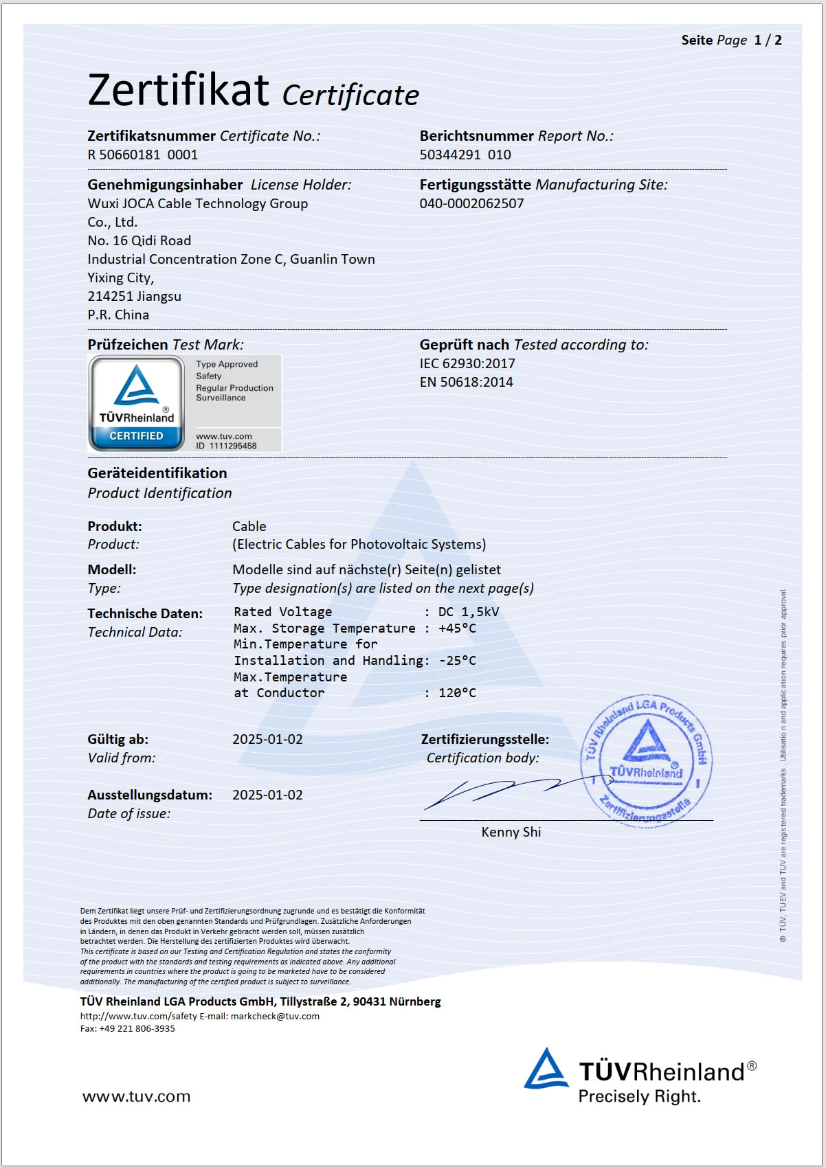 PV Cable - IEC 62930 / EN 50618 - Page 1 of 2