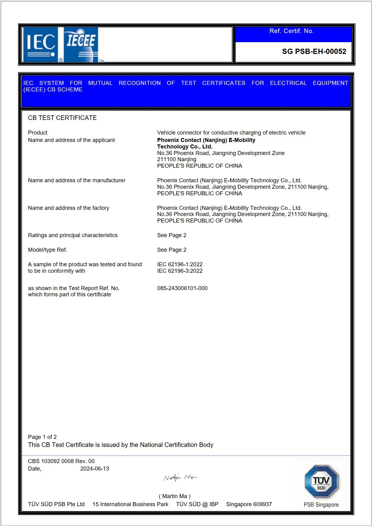 EV Vehicle Connector - CB Scheme - Page 1 of 2