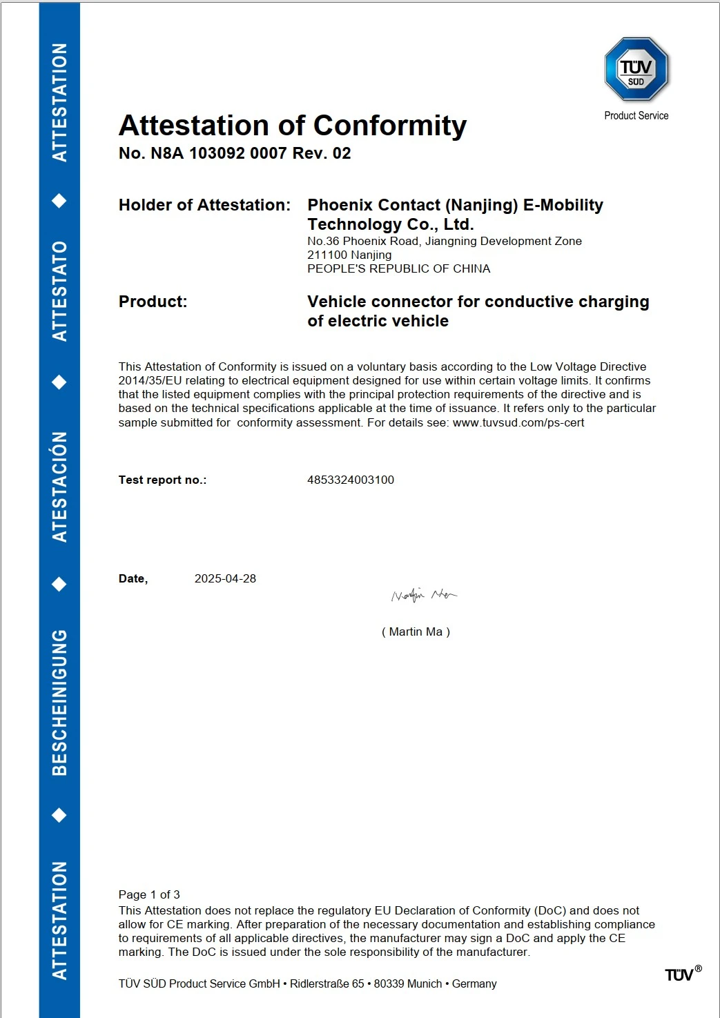 CCS2 Vehicle Connector - Conformity - Page 1 of 3